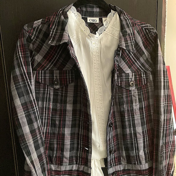 CATO Plaid Jean Jacket | SZ Medium. Black/Red/White Plaid Collared Jacket. - Picture 1 of 12